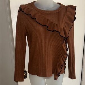 Large Brown Ribbed Ruffled Long Sleeve Blouse